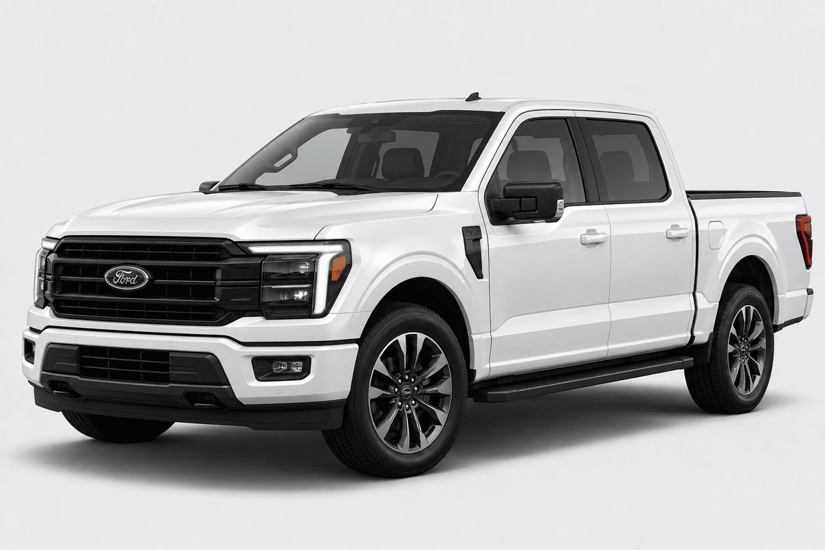 A white Ford F-150 Super Crew pickup truck shown from a three-quarter front angle on a light gray studio background.