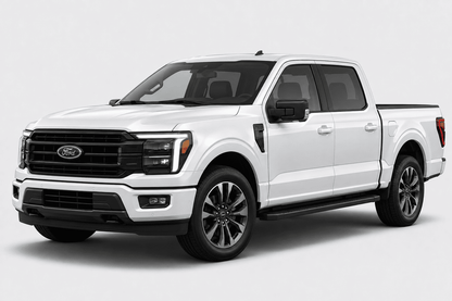A white Ford F-150 Super Crew pickup truck shown from a three-quarter front angle on a light gray studio background.