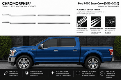 Chromorphor Ford F-150 SuperCrew window trim molding kit shown with a blue pickup truck on a dark outdoor background, plus product callouts and feature icons above the vehicle.