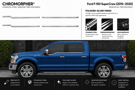 Chromorphor Ford F-150 SuperCrew window trim molding kit shown with a blue pickup truck on a dark outdoor background, plus product callouts and feature icons above the vehicle.