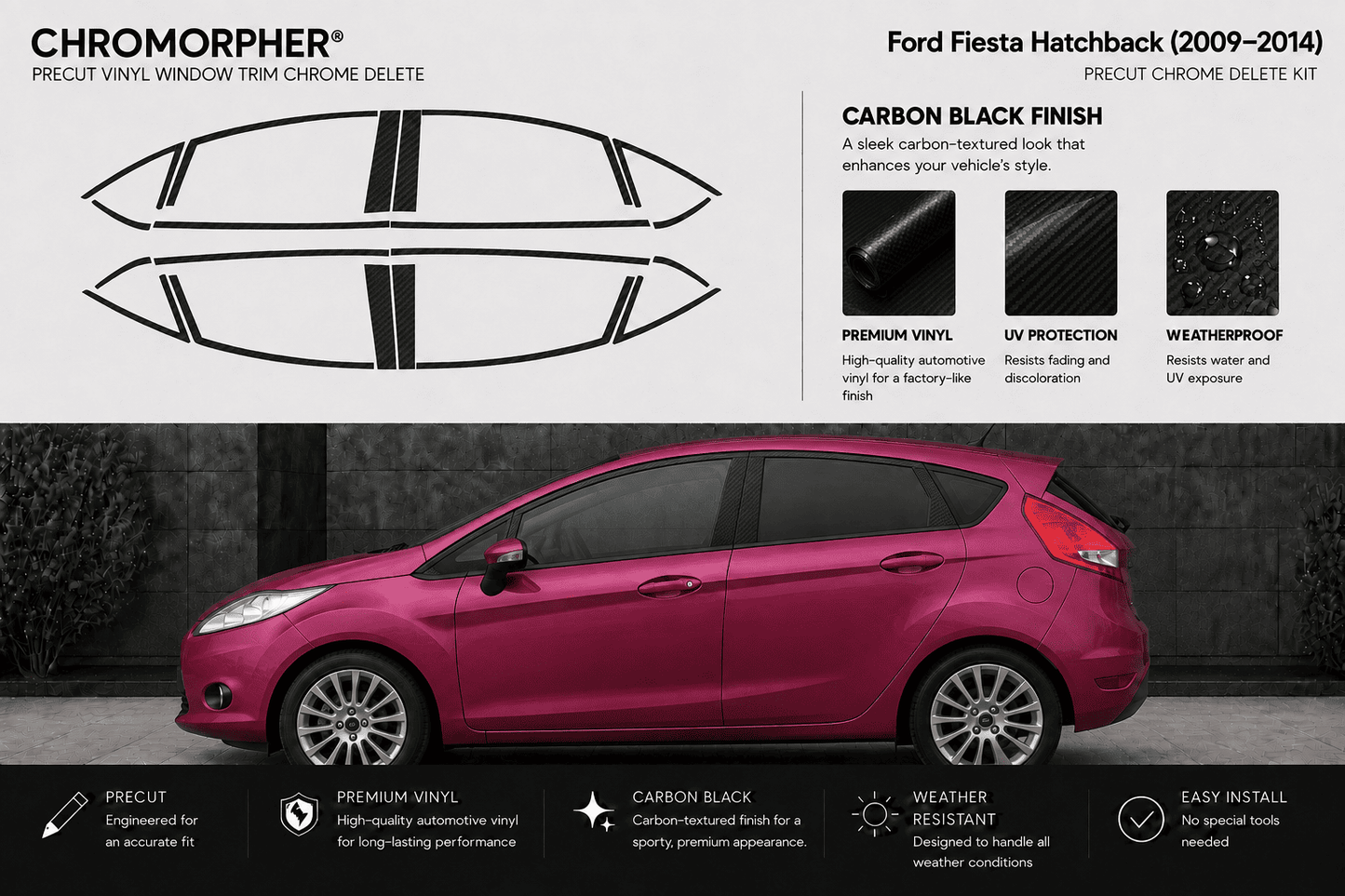 Chromorpher Precut Vinyl Window Trim Chrome Delete Kit for Ford Fiesta Hatchback 2009-2014. The top half shows the chrome delete decals as black outlined shapes on a white background, with product features listed.