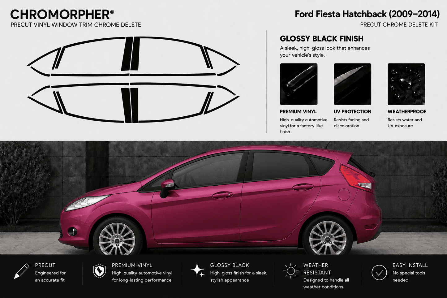 Chromorpher Ford Fiesta Hatchback 2009-2014 precut vinyl window chrome delete kit. The graphic shows the decal outline for the front and rear bumpers on the left, feature callouts on the top right, and a magenta-pink Ford Fiesta car on the bottom showing the installed chrome delete effect.