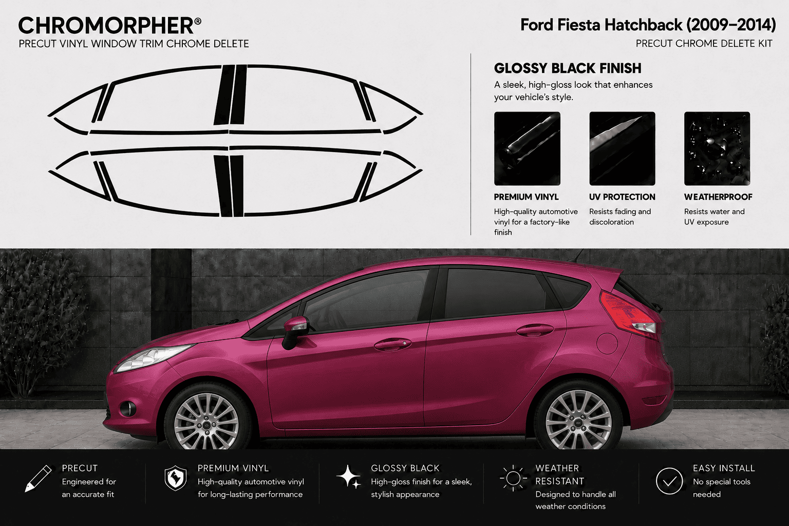 Chromorpher Ford Fiesta Hatchback 2009-2014 precut vinyl window chrome delete kit. The graphic shows the decal outline for the front and rear bumpers on the left, feature callouts on the top right, and a magenta-pink Ford Fiesta car on the bottom showing the installed chrome delete effect.