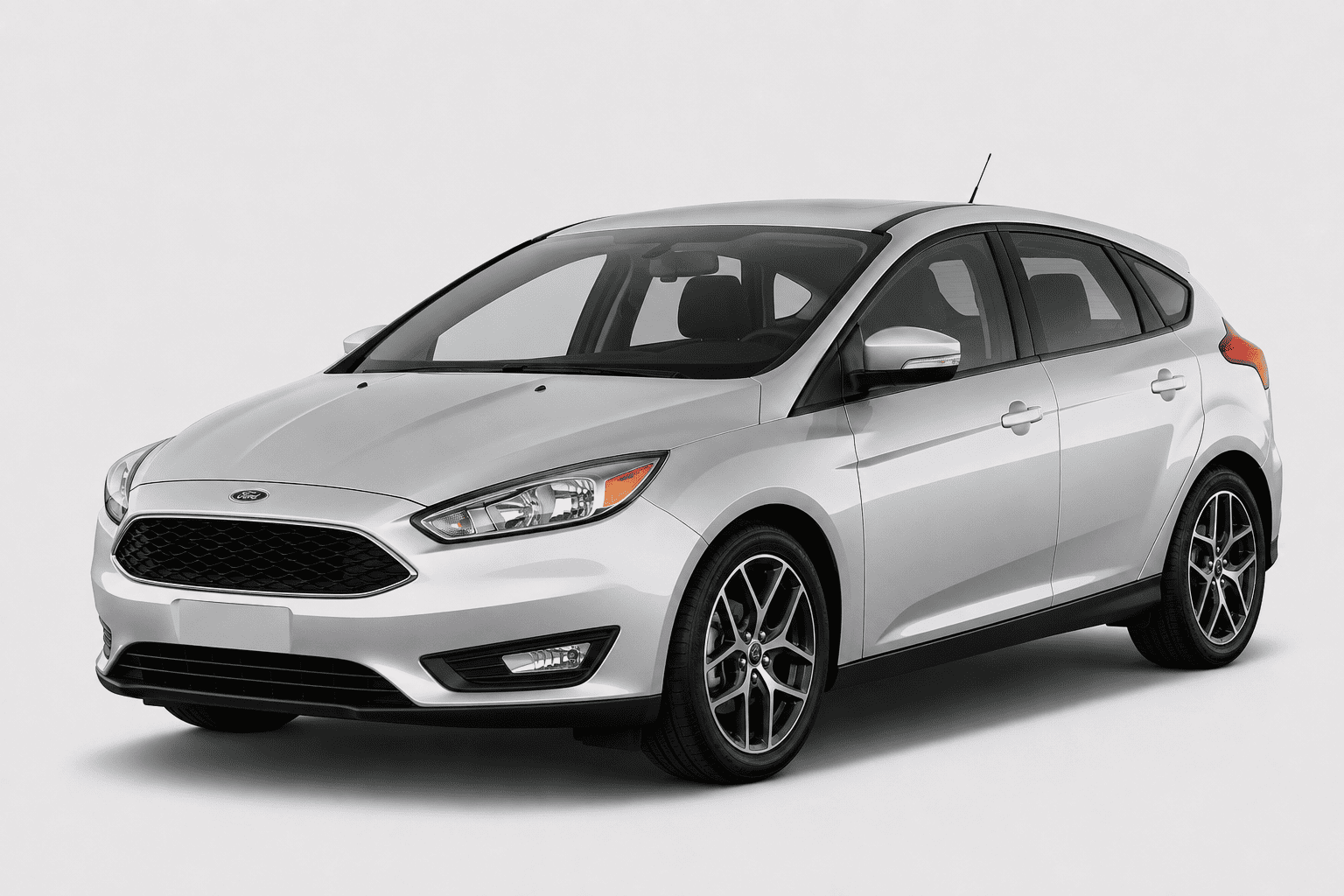 A silver Ford Focus hatchback car shown from a three-quarter front angle on a light gray studio background.