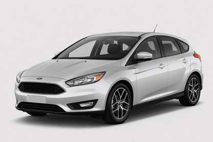 A silver Ford Focus hatchback car shown from a three-quarter front angle on a light gray studio background.