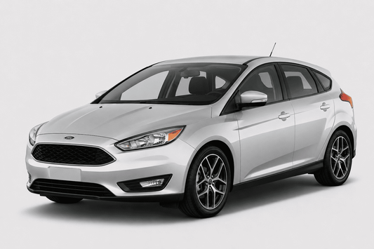 A silver Ford Focus hatchback car shown from a three-quarter front angle on a light gray studio background.