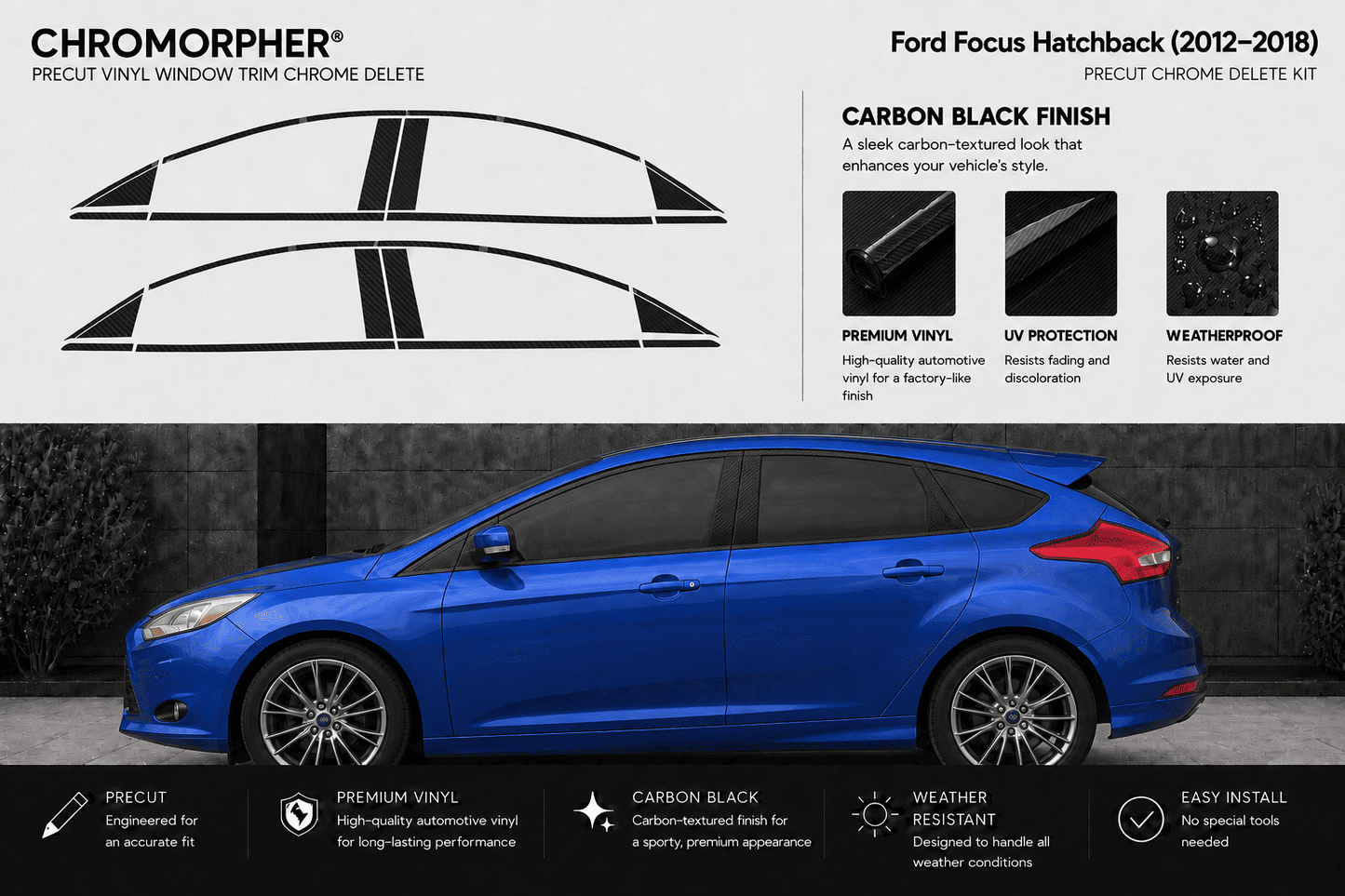 Chromorpher Precut Vinyl Window Trim Chrome Delete Kit for Ford Focus Hatchback 2012-2018, shown with black vinyl decal graphics on a white background and a blue Ford Focus hatchback car below.
