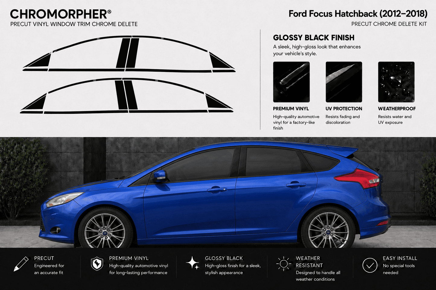 Chromorphor Ford Focus Hatchback 2012-2018 precut vinyl window chrome delete kit. The top half shows the black vinyl trim pieces with a gloss black finish, and the bottom half shows a blue Ford Focus hatchback with the chrome trim removed on the side mirrors.