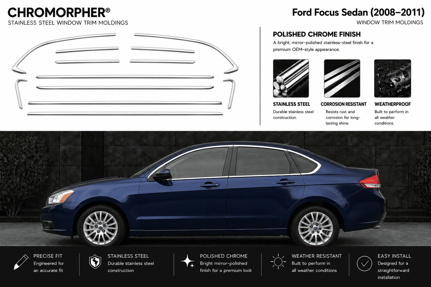 Chromorpher stainless steel window trim molding kit for a Ford Focus Sedan (2008-2011), featuring a top diagram of the trim pieces and a side profile of a blue sedan demonstrating the installed chrome trim.
