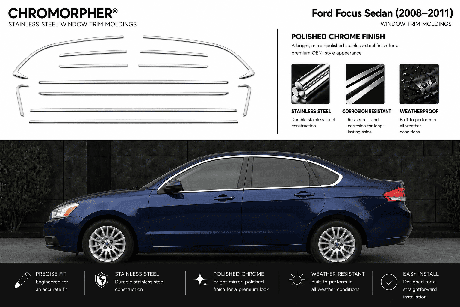 Chromorpher stainless steel window trim molding kit for a Ford Focus Sedan (2008-2011), featuring a top diagram of the trim pieces and a side profile of a blue sedan demonstrating the installed chrome trim.
