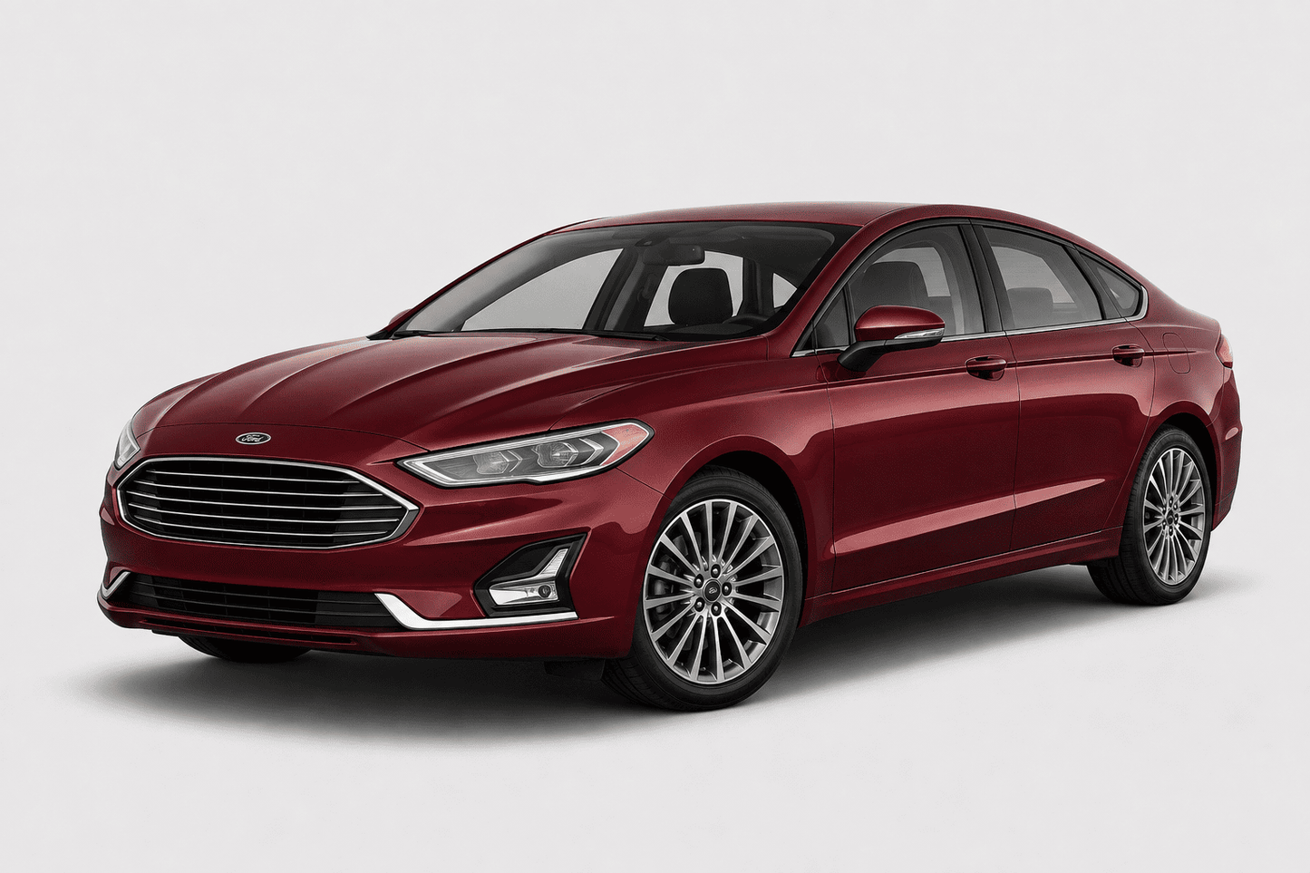 A red Ford Fusion sedan shown from a three-quarter front angle on a light gray studio background.
