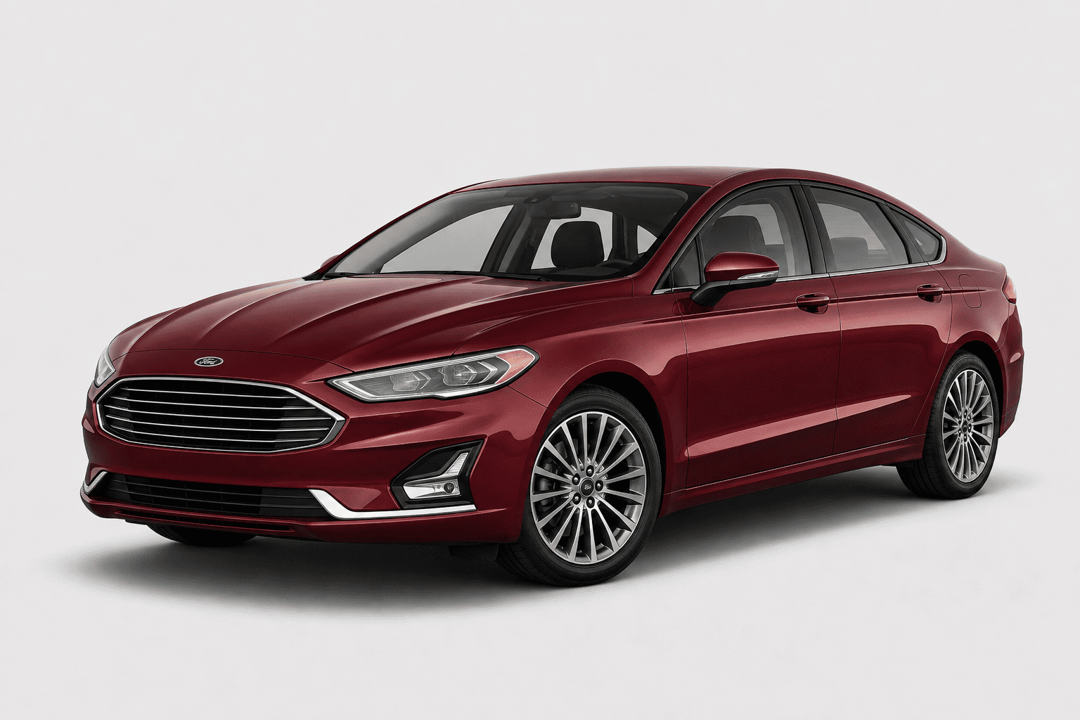 A red Ford Fusion sedan shown from a three-quarter front angle on a light gray studio background.