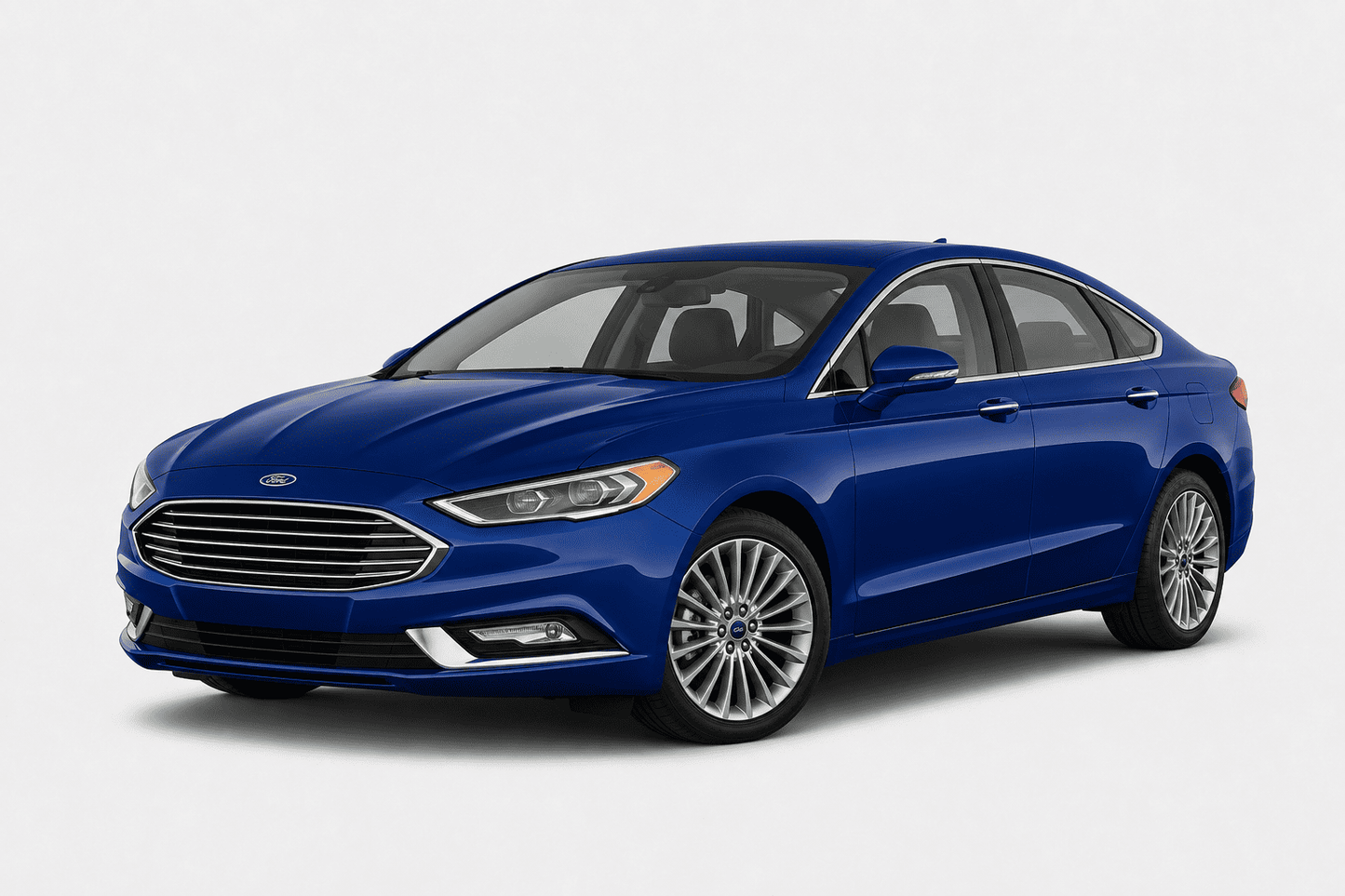 A blue Ford sedan photographed at a three-quarter front angle on a clean light gray studio background.