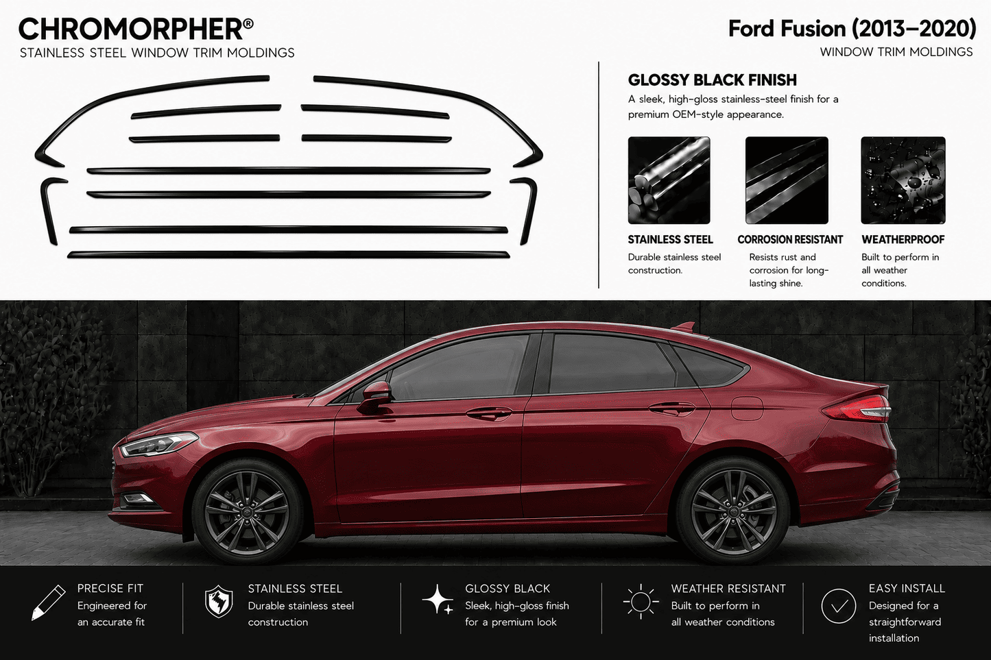 Chromorpher Ford Fusion window trim molding kit advertisement showing black line drawings of the trim locations, product features, and a red Ford Fusion sedan on a dark background.