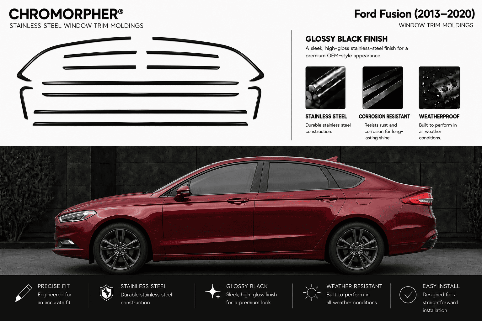 Chromorpher Ford Fusion window trim molding kit advertisement showing black line drawings of the trim locations, product features, and a red Ford Fusion sedan on a dark background.