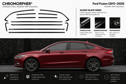 Chromorpher Ford Fusion window trim molding kit advertisement showing black line drawings of the trim locations, product features, and a red Ford Fusion sedan on a dark background.