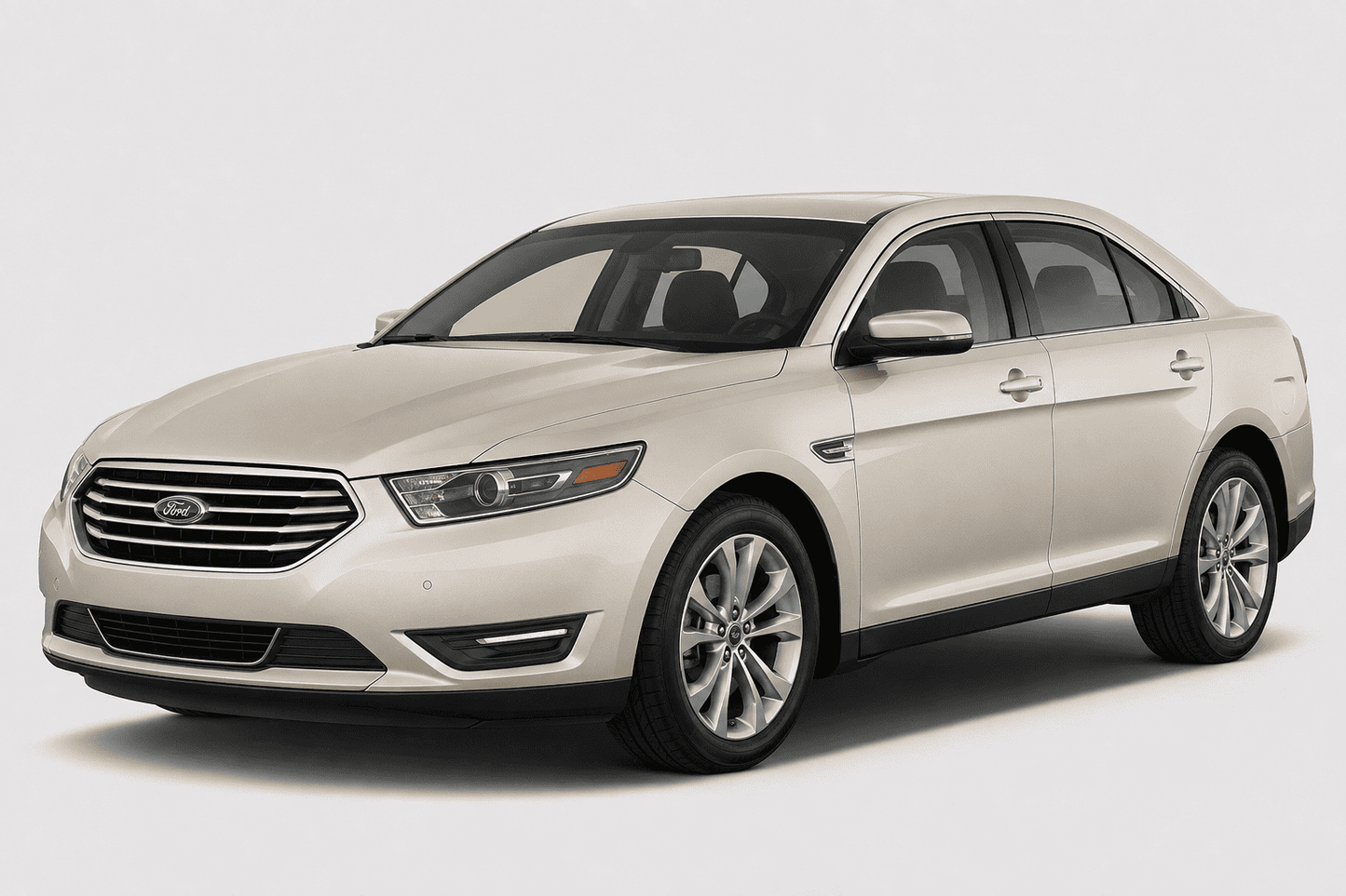 A cream-colored ford taurus sedan shown from a three-quarter front angle against a light gray studio background.