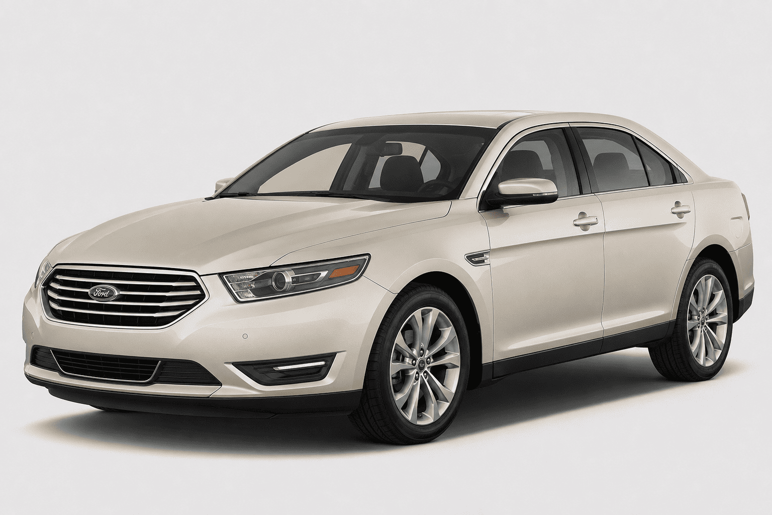 A cream-colored ford taurus sedan shown from a three-quarter front angle against a light gray studio background.