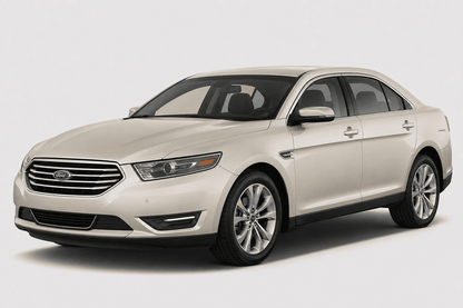 A cream-colored ford taurus sedan shown from a three-quarter front angle against a light gray studio background.