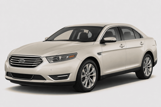 A cream-colored ford taurus sedan shown from a three-quarter front angle against a light gray studio background.