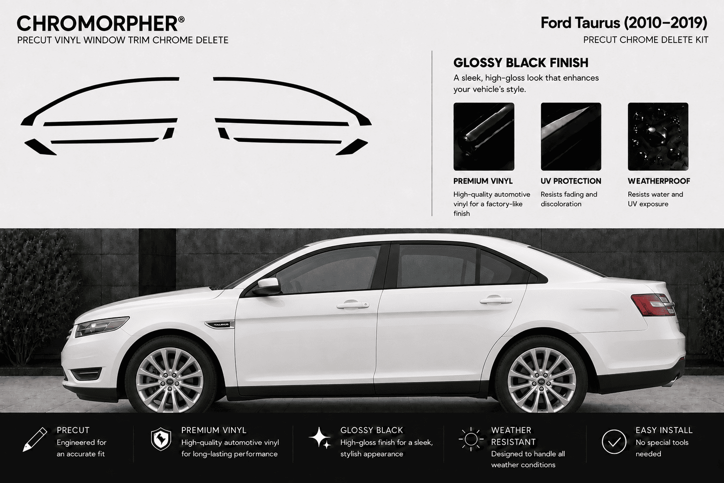 Chromorpher Precut Vinyl Window Trim Chrome Delete Kit for Ford Taurus (2010-2019) in glossy black finish. The image features a white sedan showing the installed chrome delete kit on its side, alongside graphic outlines of the trim cutlines and feature callouts on a light gray background.