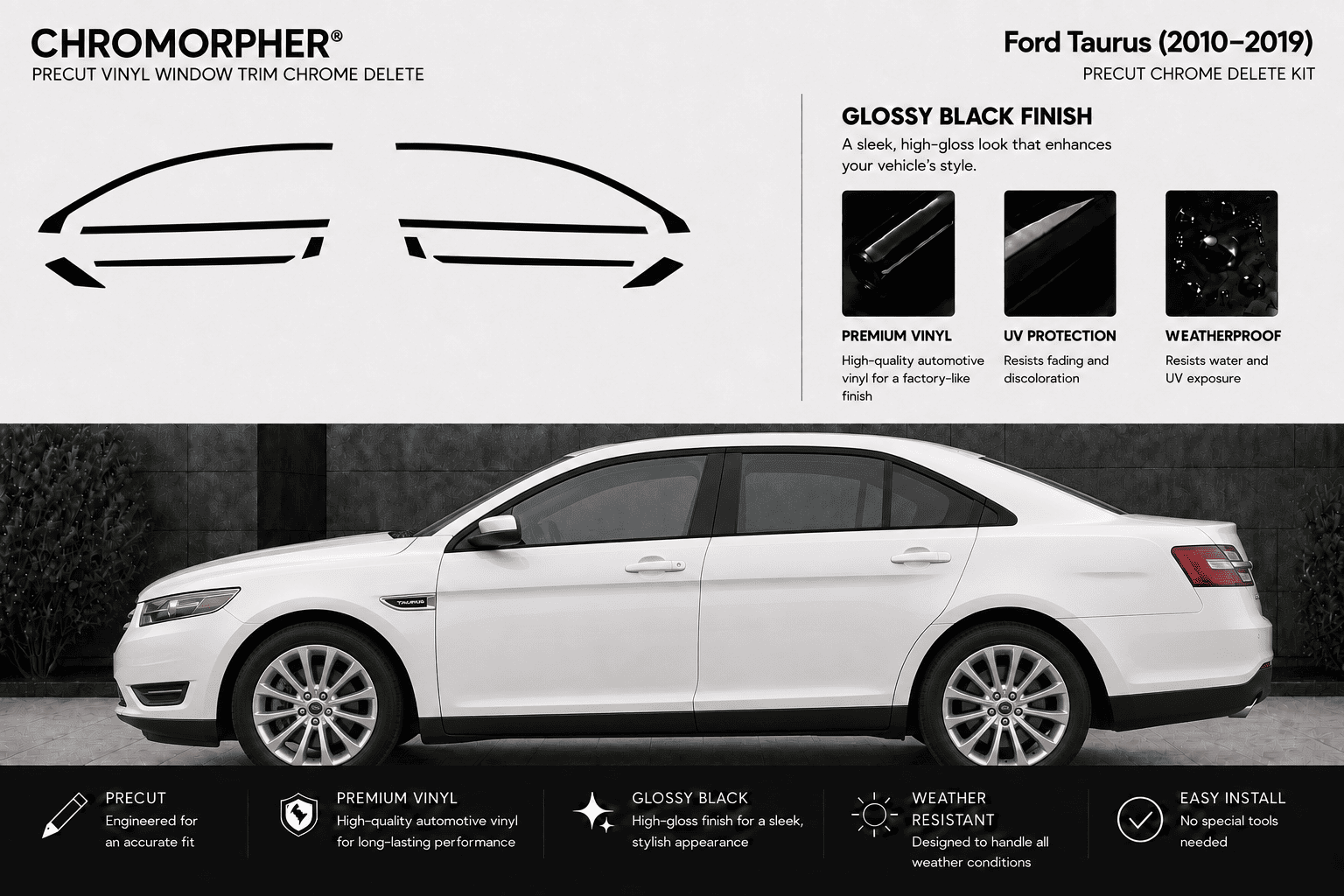 Chromorpher Precut Vinyl Window Trim Chrome Delete Kit for Ford Taurus (2010-2019) in glossy black finish. The image features a white sedan showing the installed chrome delete kit on its side, alongside graphic outlines of the trim cutlines and feature callouts on a light gray background.