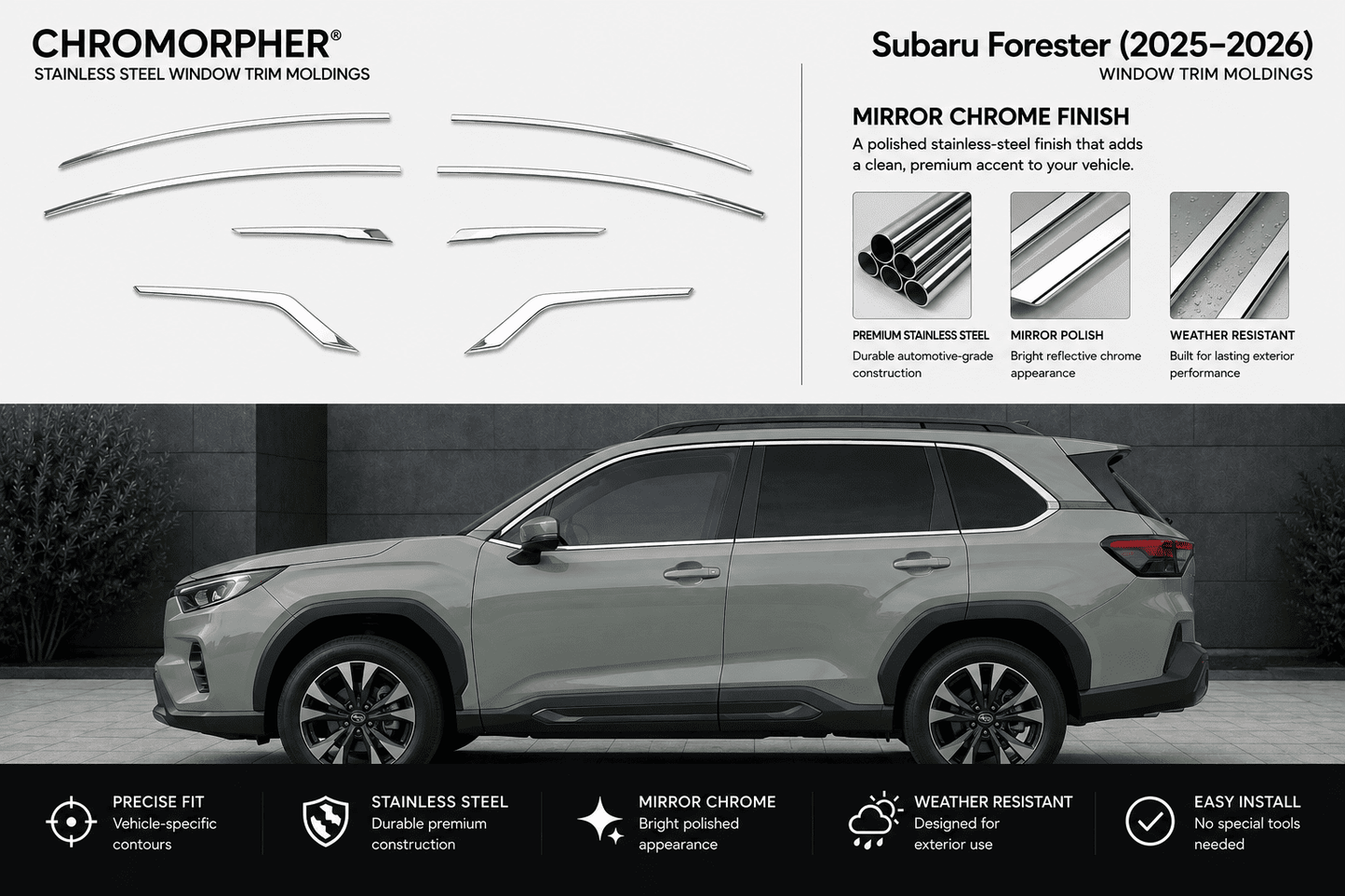 Chromorpher Subaru Forester (2025-2026) stainless steel window trim moldings shown with a side view of a gray Subaru Forester SUV on a dark background, featuring product cutout diagrams, finish options, and feature icons.