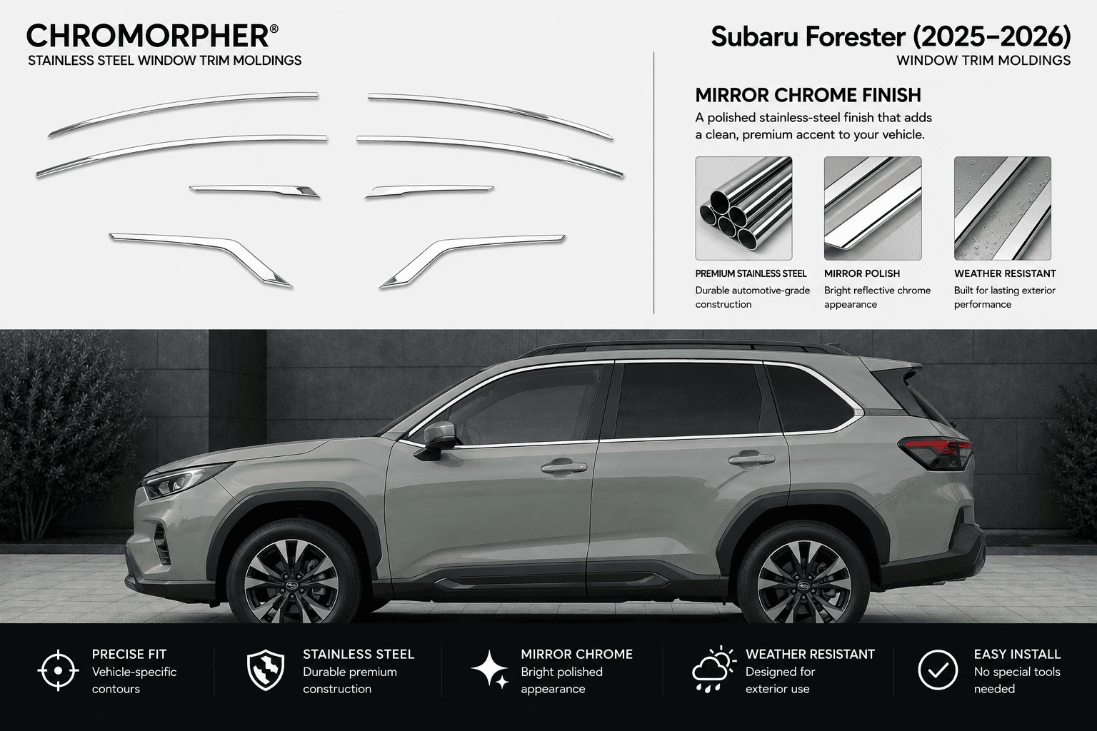 Chromorpher Subaru Forester (2025-2026) stainless steel window trim moldings shown with a side view of a gray Subaru Forester SUV on a dark background, featuring product cutout diagrams, finish options, and feature icons.
