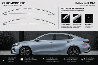 Chromorphor stainless steel window trim kit for Kia Forte (2020-2024) shown with four curved chrome trim pieces on a white background above a silver Kia Forte sedan in a dark outdoor setting. The image includes feature callouts for polished chrome finish, stainless steel, UV protection, and weatherproof.