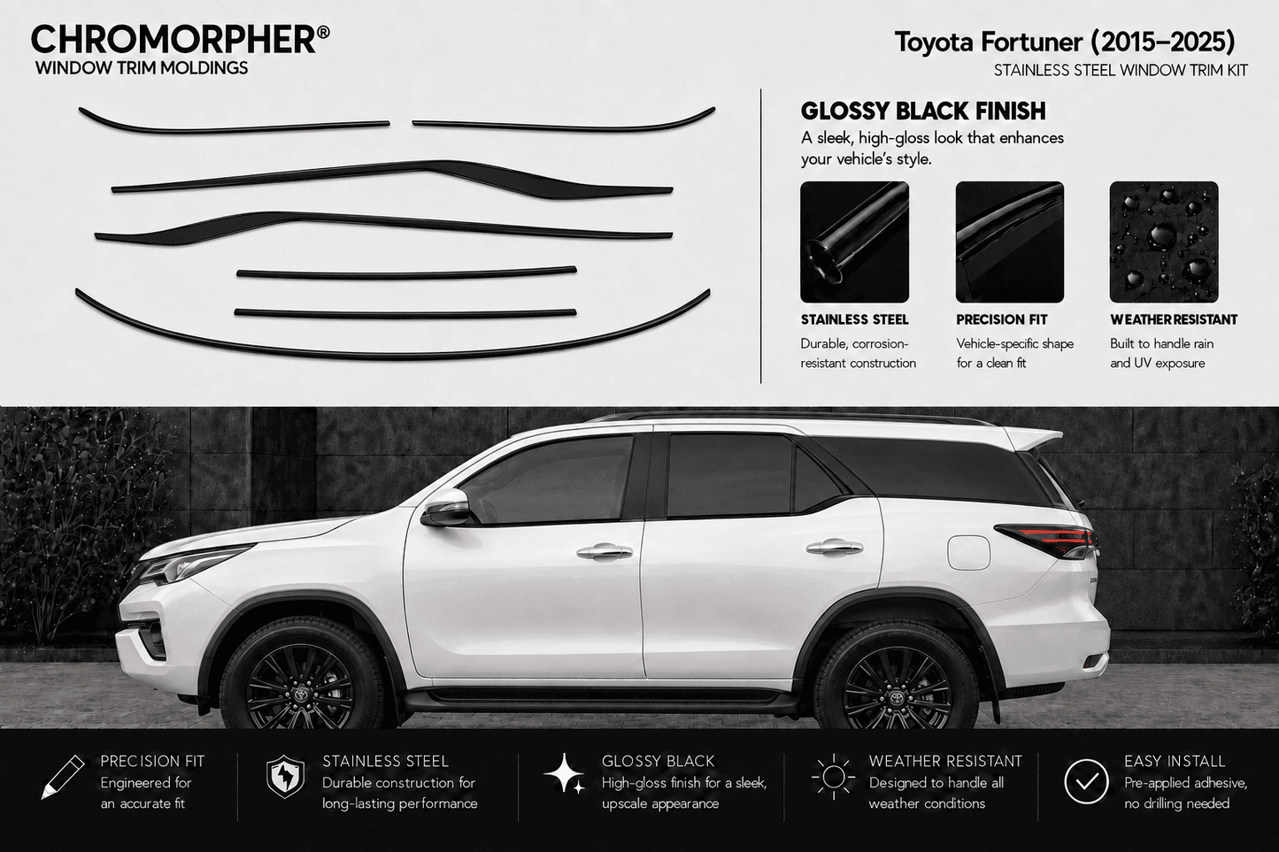 Chromorphor Toyota Fortuner window trim kit decals shown on a white SUV side profile against a dark background, with feature callouts and installation benefits.