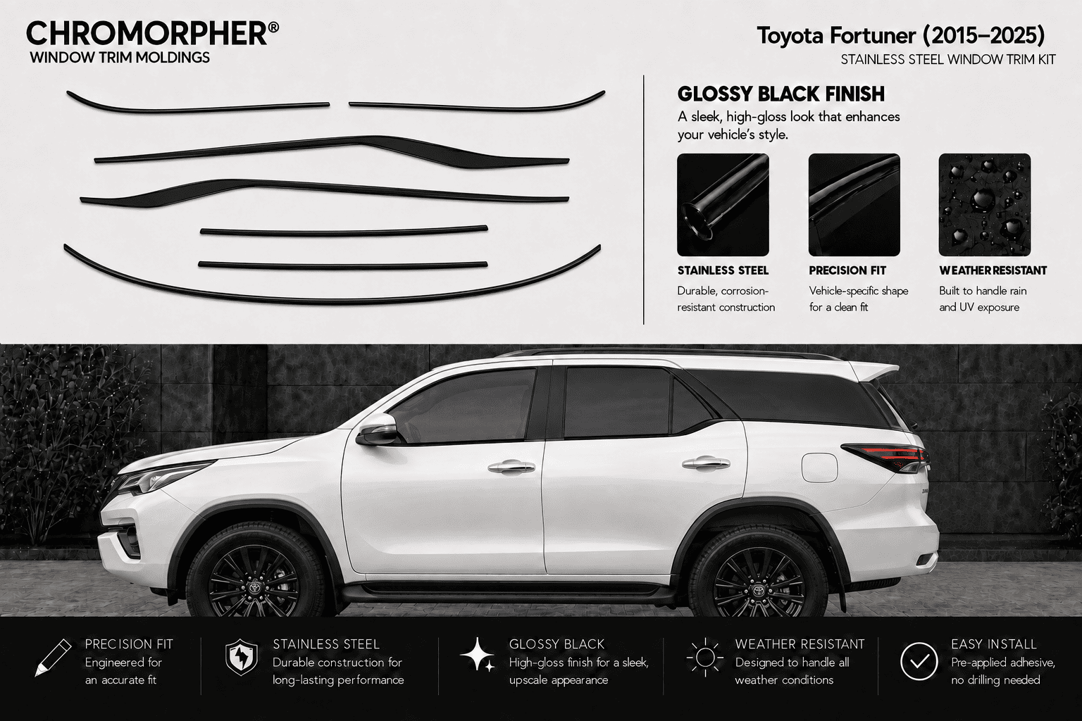 Chromorphor Toyota Fortuner window trim kit decals shown on a white SUV side profile against a dark background, with feature callouts and installation benefits.