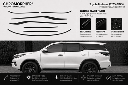 Chromorphor Toyota Fortuner window trim kit decals shown on a white SUV side profile against a dark background, with feature callouts and installation benefits.