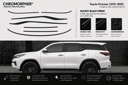 Chromorphor Toyota Fortuner window trim kit decals shown on a white SUV side profile against a dark background, with feature callouts and installation benefits.