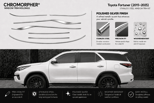 Chromorphor window trim moldings for a Toyota Fortuner (2015-2025) in polished silver stainless steel. The top section shows the five pre-shaped trim pieces on a light gray background with product features, while the bottom section shows a white Toyota Fortuner SUV with the trim pieces displayed on its side windows.