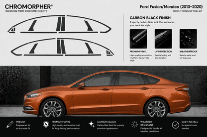 Chromorpher window trim chrome delete kit for Ford Fusion and Mondeo (2013-2020) in carbon black finish. The graphic shows the decal layout on the roof and side of a dark gray car, with an orange Ford Fusion sedan pictured below to demonstrate the fitment and finish.