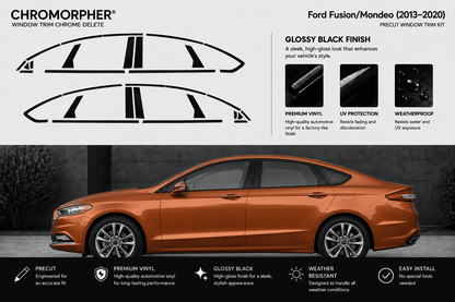 Chromorpher window trim chrome delete kit for Ford Fusion and Mondeo (2013-2020), featuring black vinyl decal graphics on a light gray background with product features, a gloss black finish, and an orange car illustration showing the applied effect.