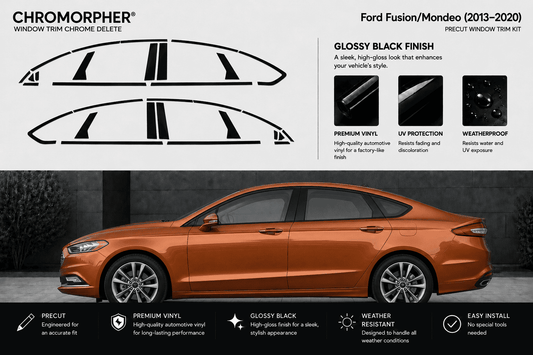 Chromorpher window trim chrome delete kit for Ford Fusion and Mondeo (2013-2020), featuring black vinyl decal graphics on a light gray background with product features, a gloss black finish, and an orange car illustration showing the applied effect.