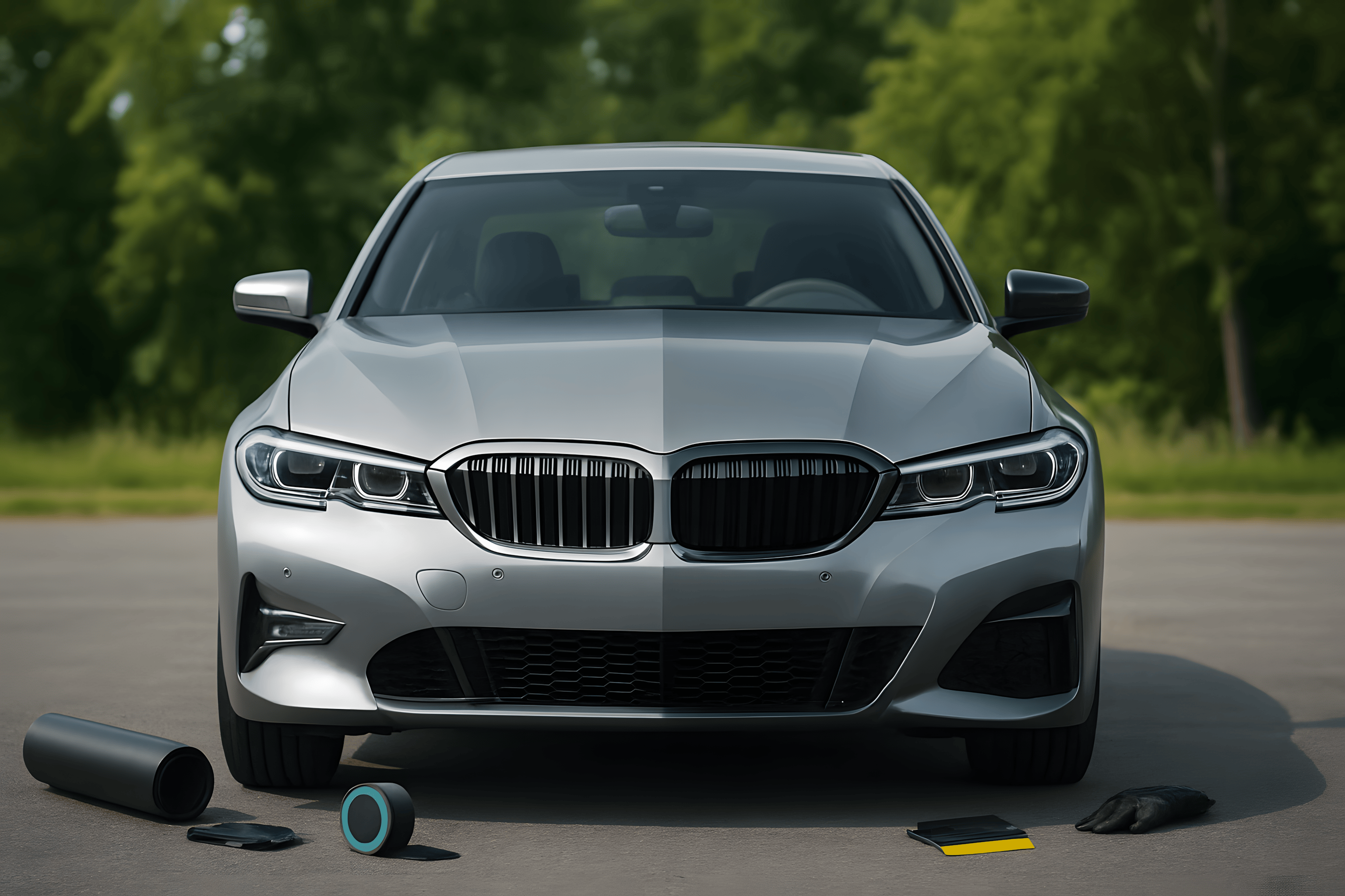 A sleek matte black Mercedes back side with back headlight leds on.