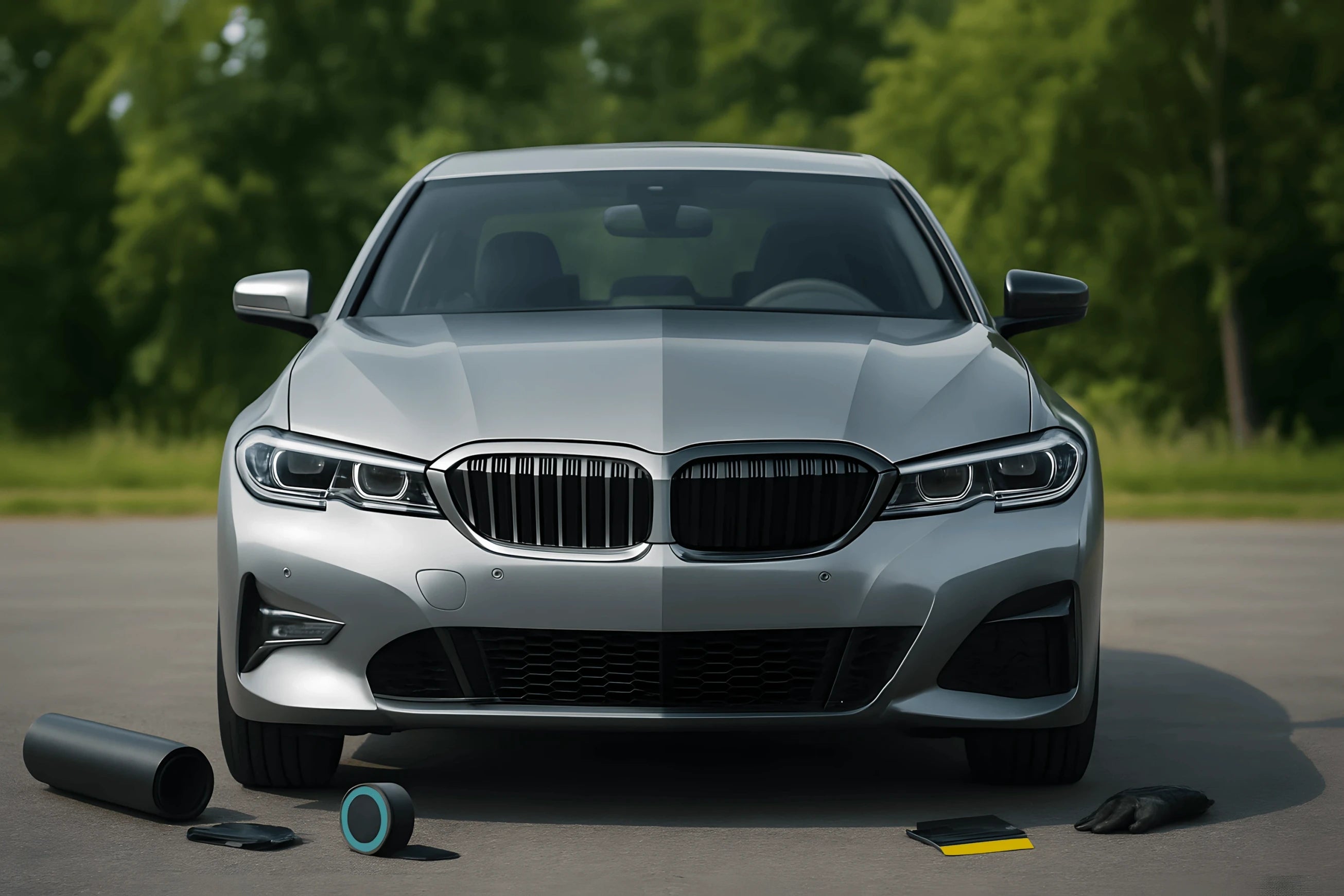 Front view of a silver BMW sedan grille, left side chrome and right side wrapped in Glossy Black Chrome Delete Tape, showing before and after effect.
