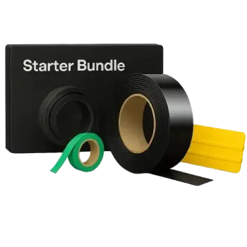 Starter Bundle by ChroMorpher, including black chrome delete tape, and a yellow squeegee for DIY car trim blackout.