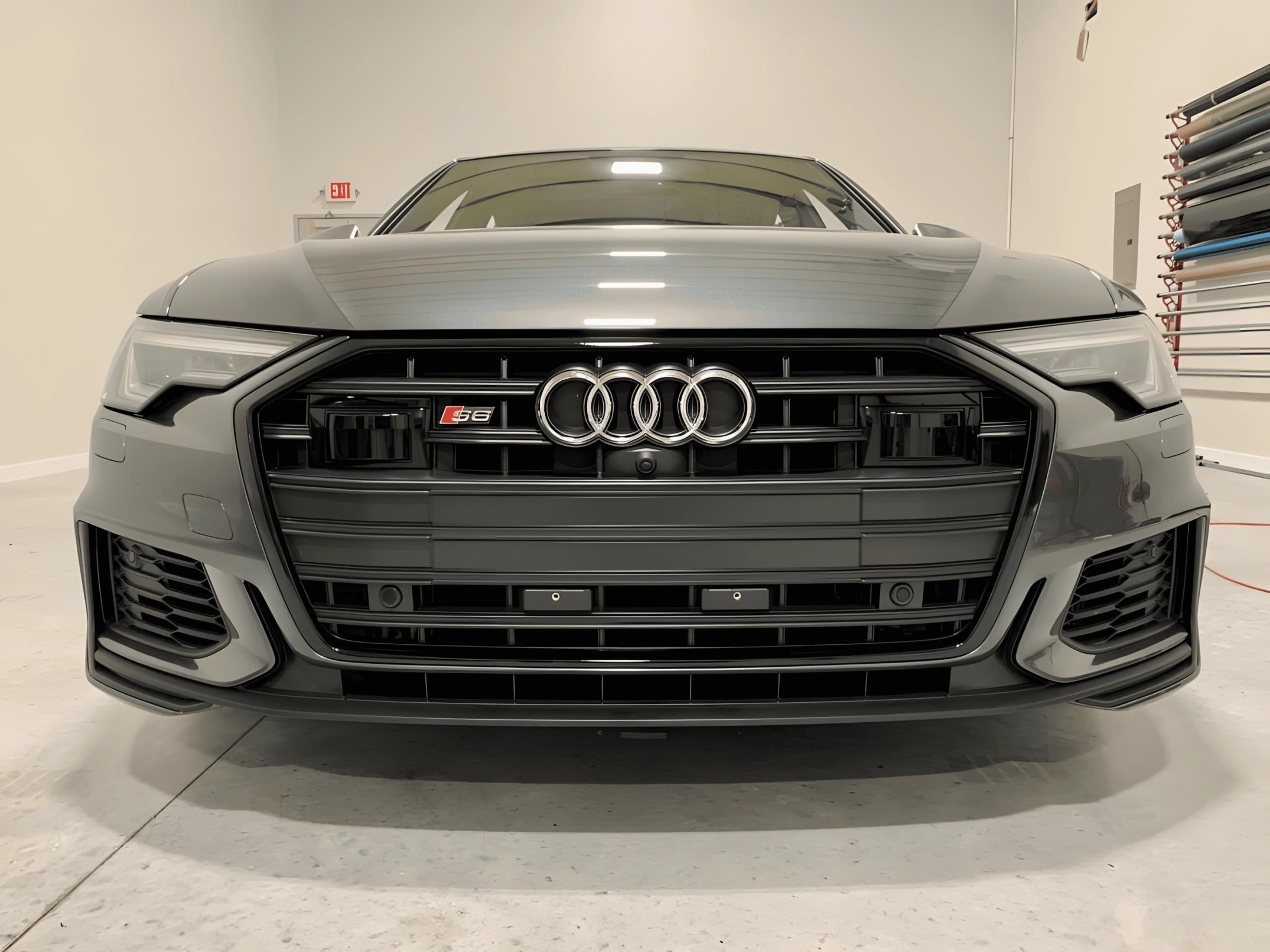 Front view of Audi S6 with blacked-out grille using ChroMorpher Glossy Chrome Delete Tape for a sleek finish.