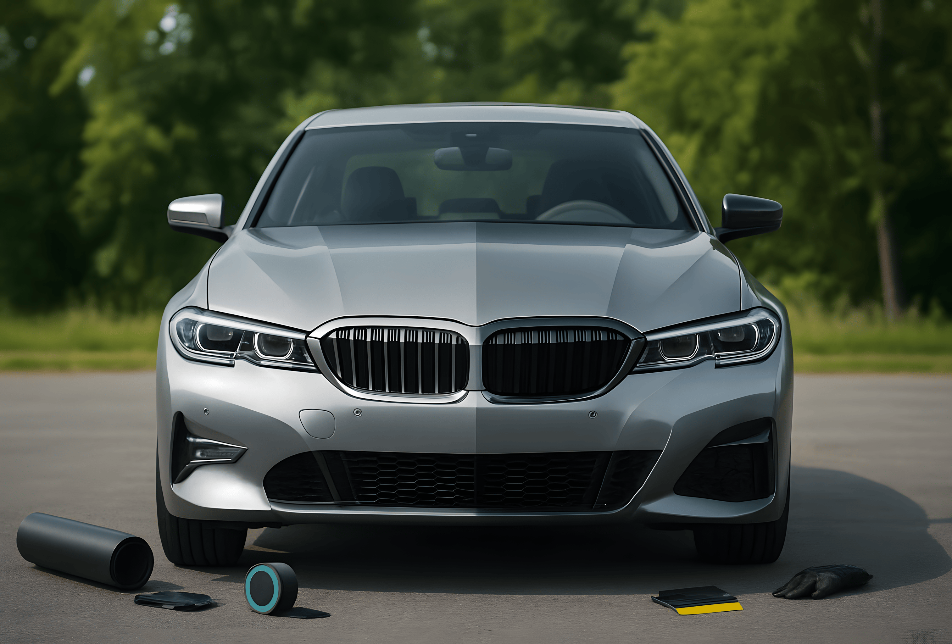 Front view of a silver BMW sedan grille, left side chrome and right side wrapped in Glossy Black Chrome Delete Tape, showing before and after effect.