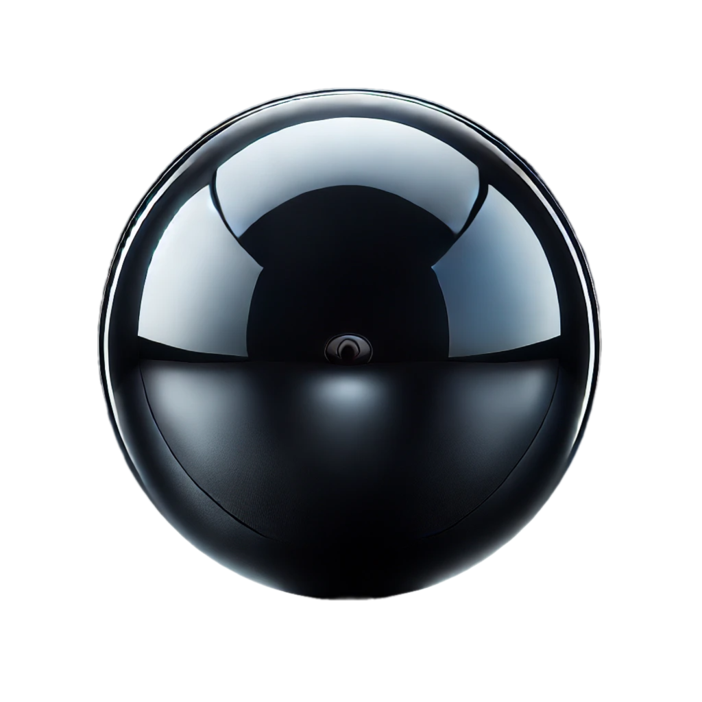 Glossy black sphere with reflective surface on a dark background.