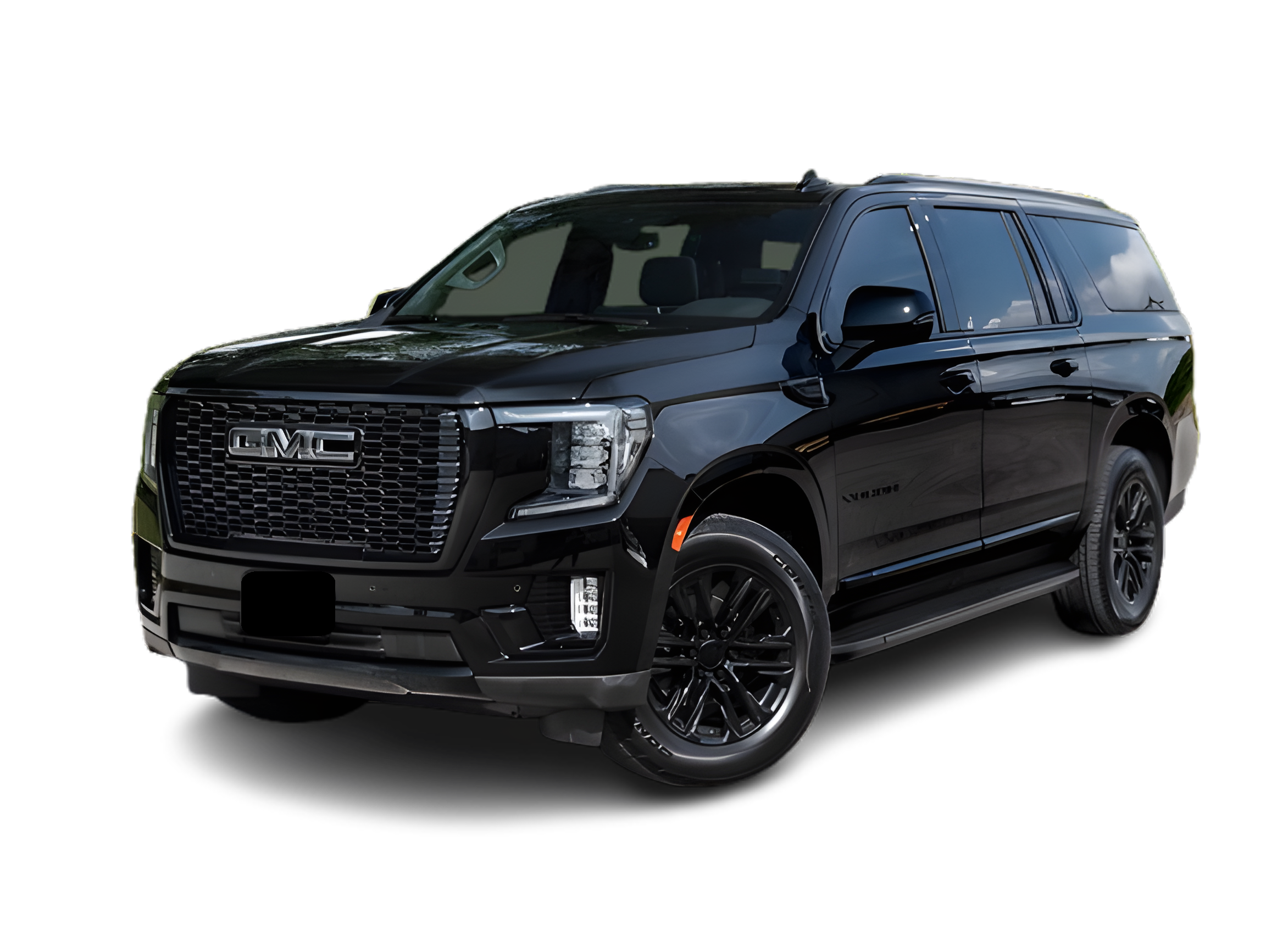 GMC SUV with blacked-out chrome accents, featuring a bold front grille and sleek design, highlighting its glossy black finish and black wheels.