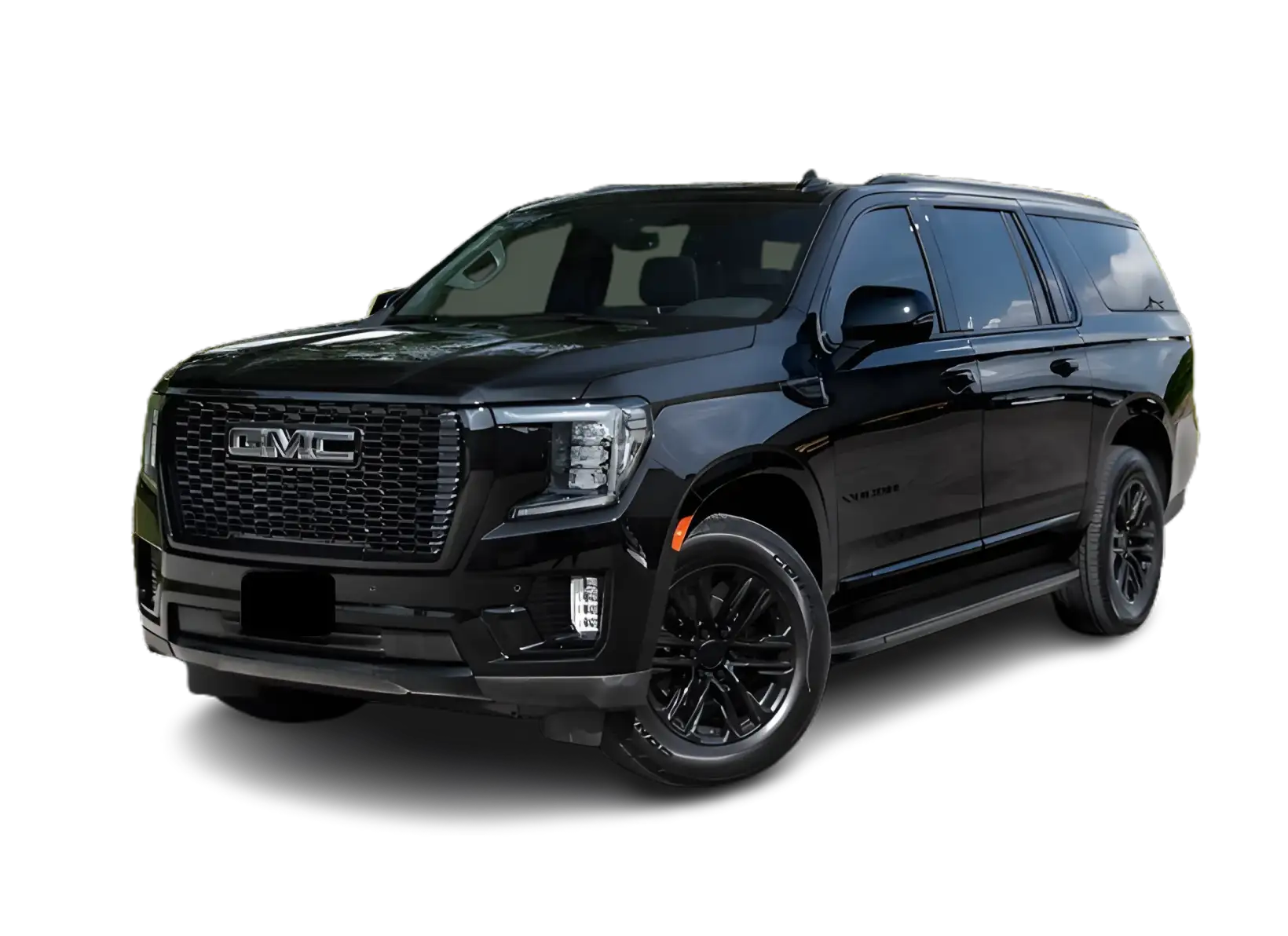 GMC SUV with blacked-out chrome accents, featuring a bold front grille and sleek design, highlighting its glossy black finish and black wheels.