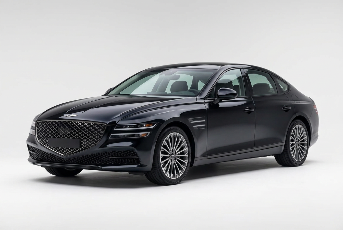 Genesis G80 (2021–2025) shown from a front three-quarter angle on a light studio background.