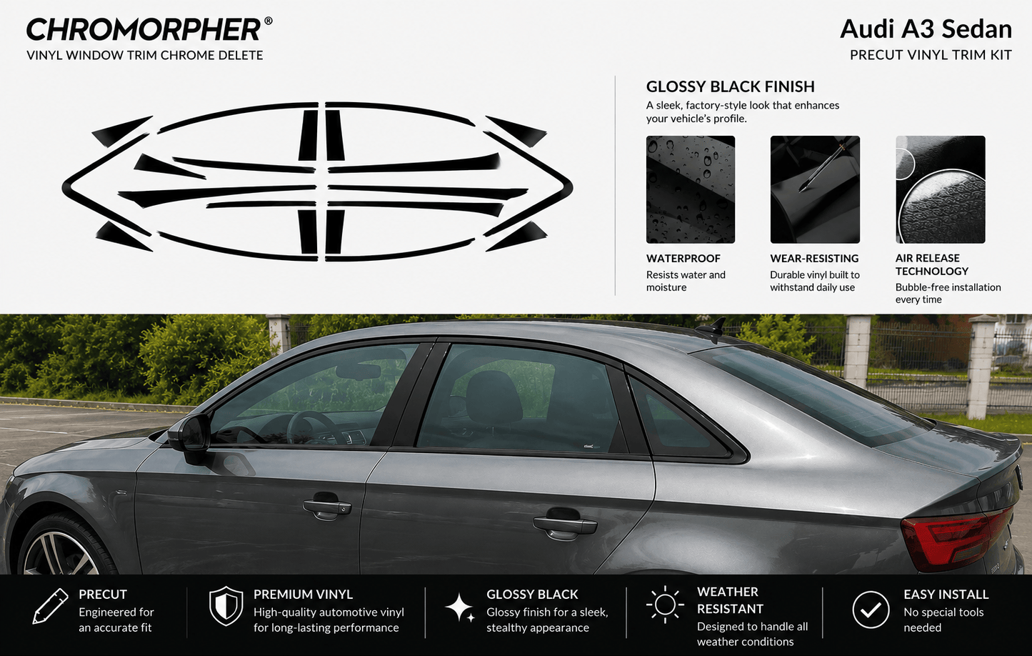 ChroMorpher Audi A3/S3 8V Window Trim Chrome Delete Kit (2013–2020) - ChroMorpher