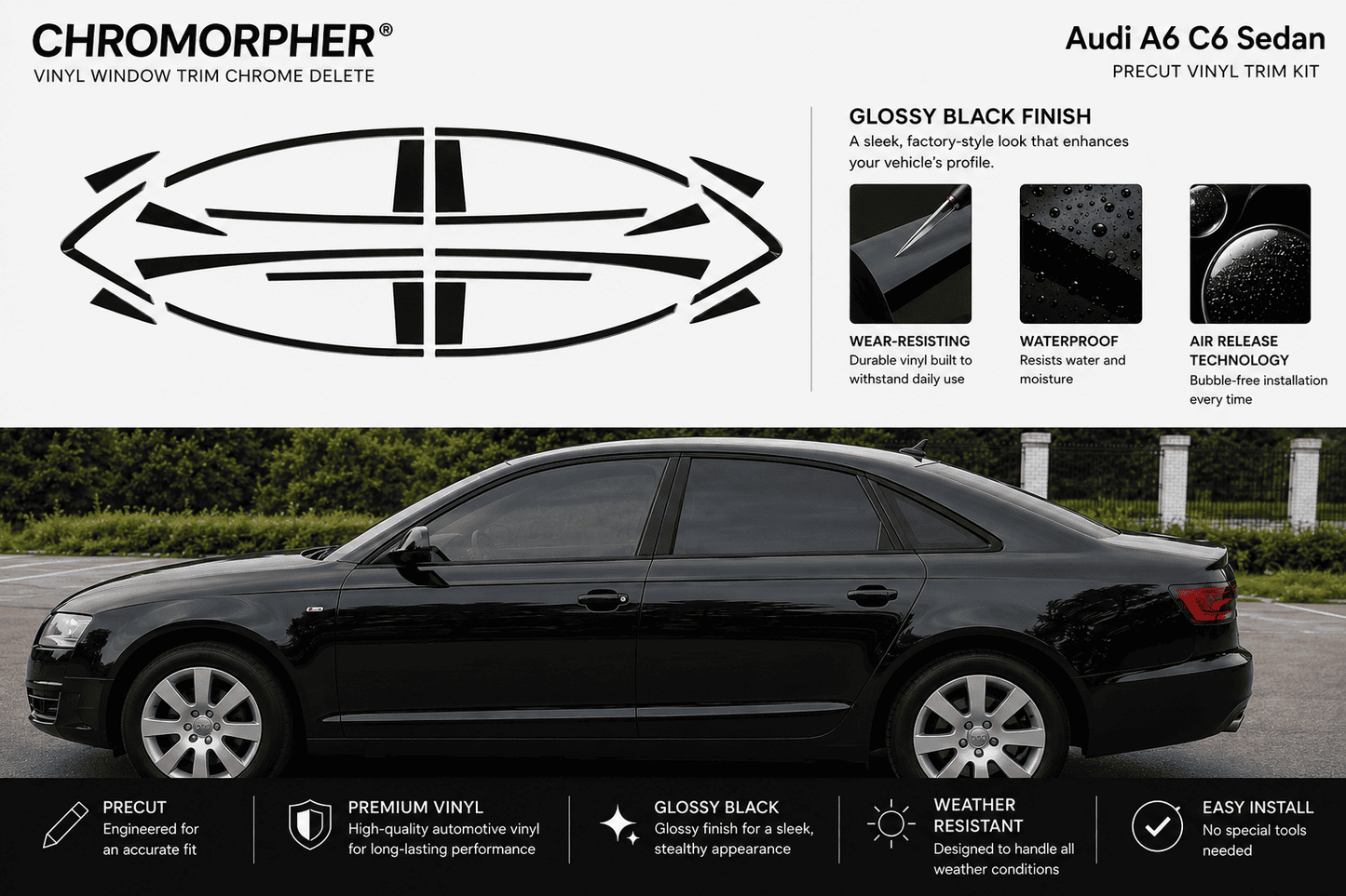 ChroMorpher Audi A6/S6 Sedan Chrome Delete Kits (2005–2025) - ChroMorpher