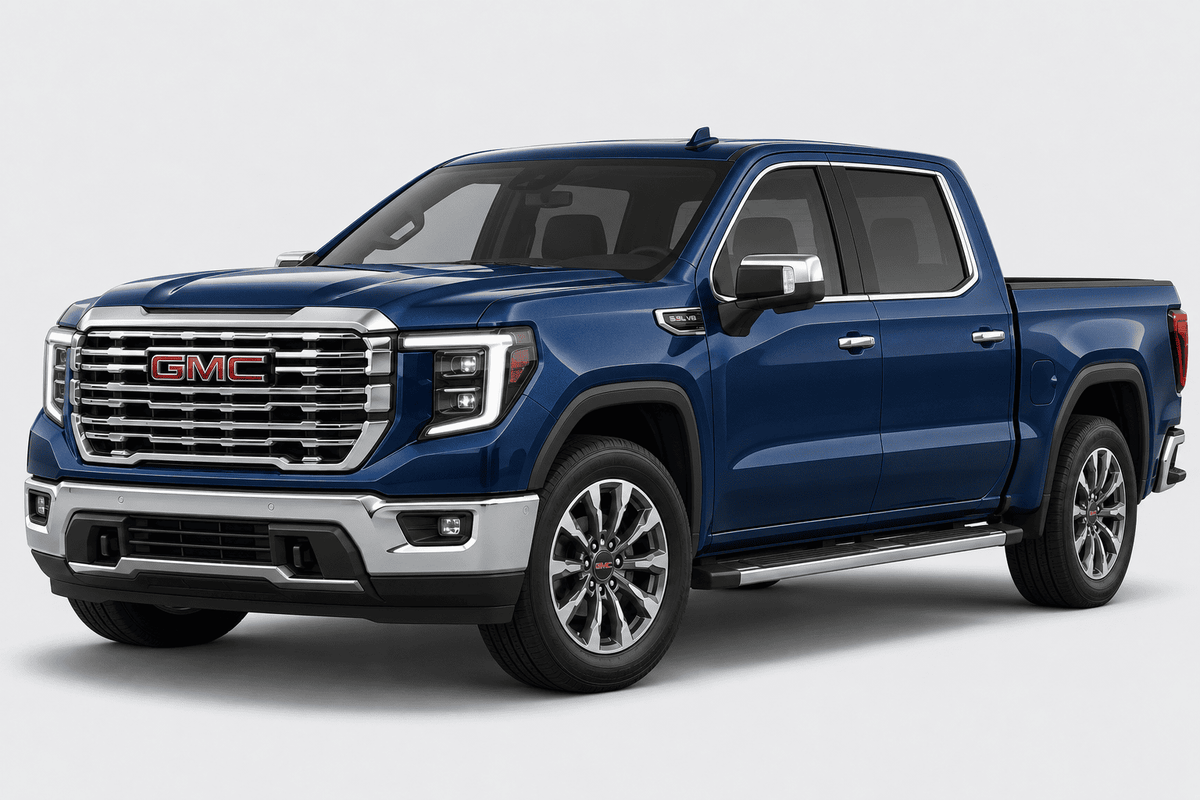 A blue GMC Sierra pickup truck shown from a three-quarter front angle on a light gray studio background.