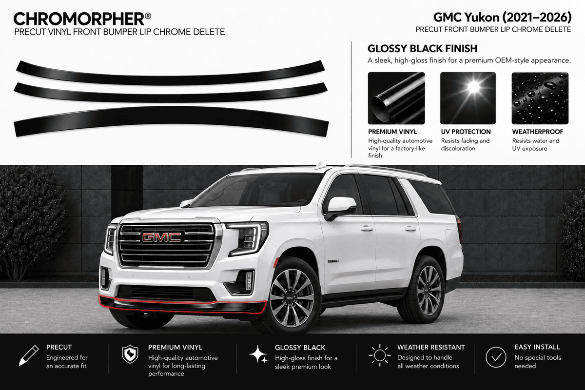 Chromorphor precut vinyl front bumper lip chrome delete strips shown above a white GMC Yukon SUV on a dark gray background, with feature callouts and installation benefits printed around the image.